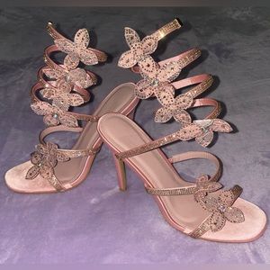 Satin Rhinestone Open Toe Strappy Heels